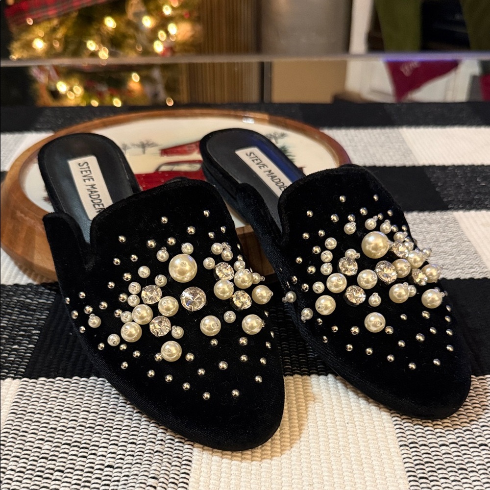 Steve Madden Black Velvet Mules with Pearl Accents